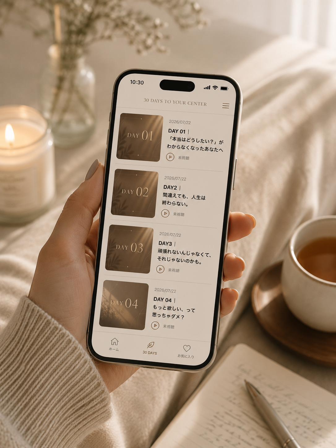 30 DAYS TO YOUR CENTERのVOICEをスマートフォンで聴くイメージ